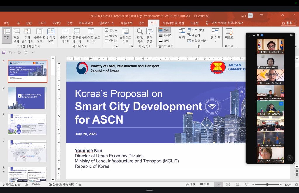 Korea title slide: Korea’s Proposal on Smart City Development for ASCN, 20 July 2026, presented by Younhee Kim of MOLIT.